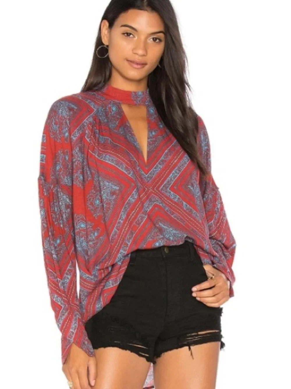 Free People Red Paisley Keyhole Blouse with Blue Accents